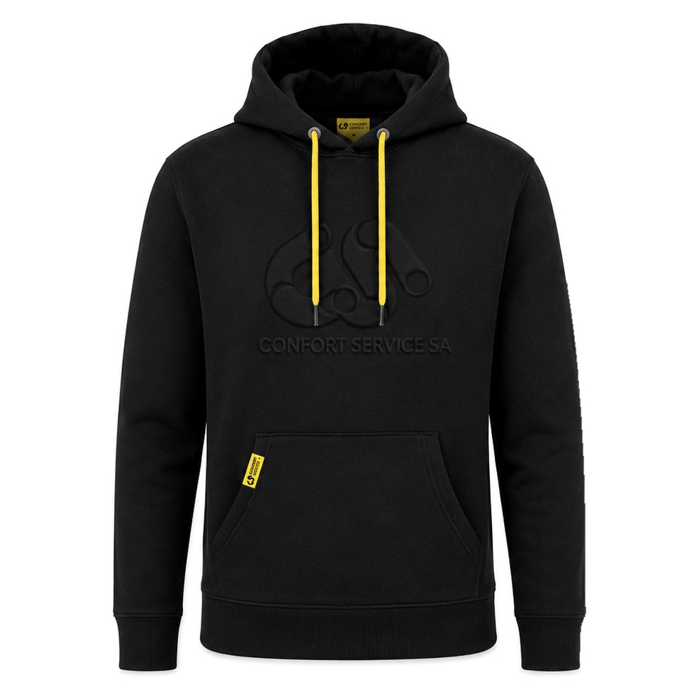 Sweat à capuche noir, relief à chaud ton sur ton, cordons et étiquette assortis