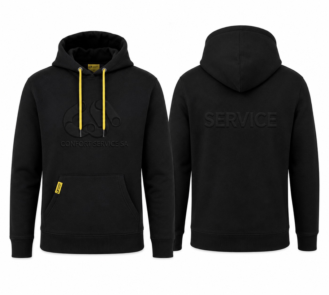 Sweat a capuche noir - relief a chaud ton sur ton, cordons et etiquette assortis