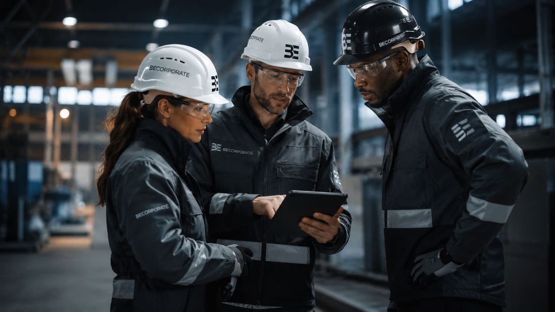 Équipe en workwear et EPI brodés BEcorporate — casques et vestes personnalisés